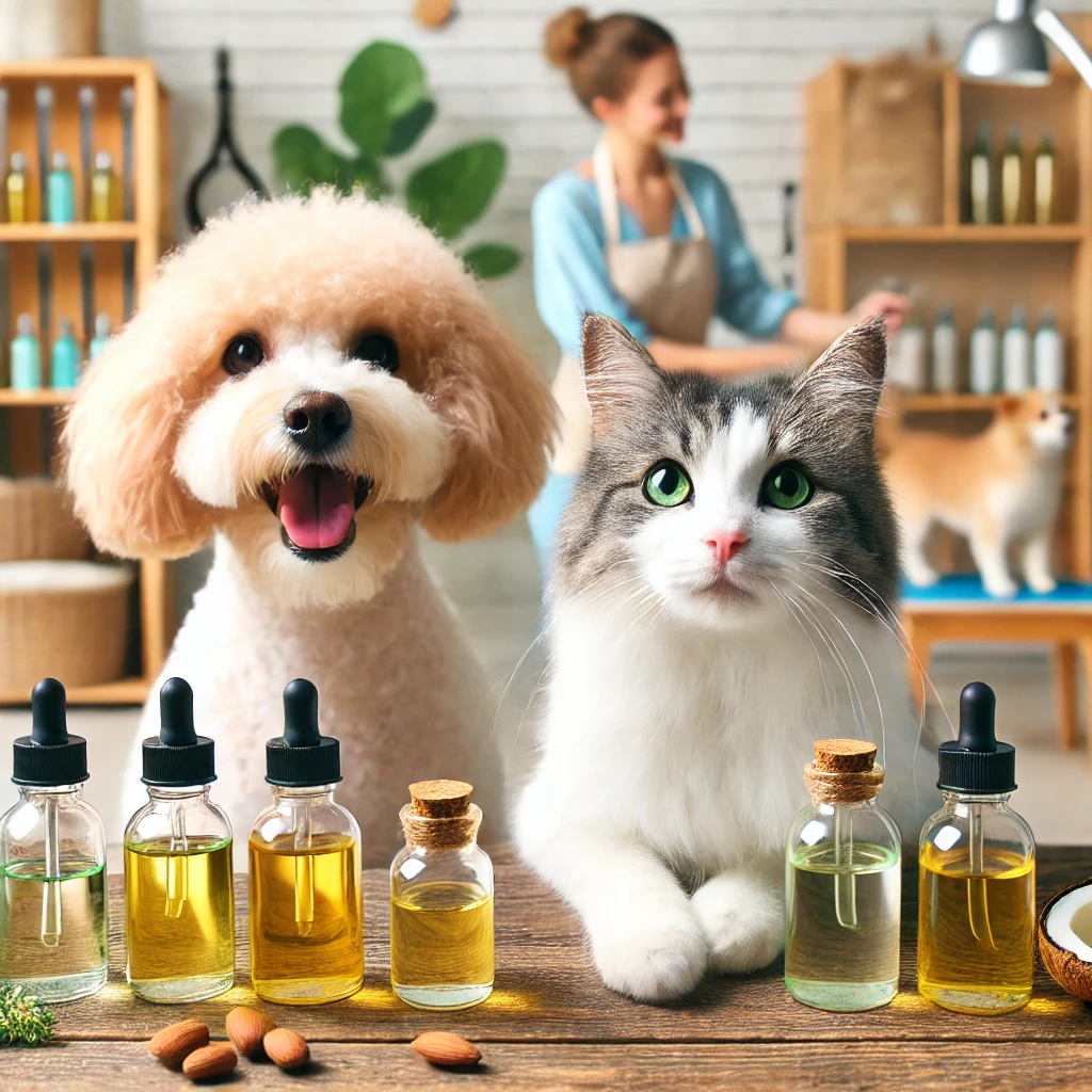 Best Oils for Grooming Pets: Tips for Safe and Effective Use DALL·E 2025-03-06 16.14.54 – A featured image for an article titled ‘Best Oils for Grooming Pets_ Tips for Safe and Effective Use’. The image should showcase a happy, well-groomed